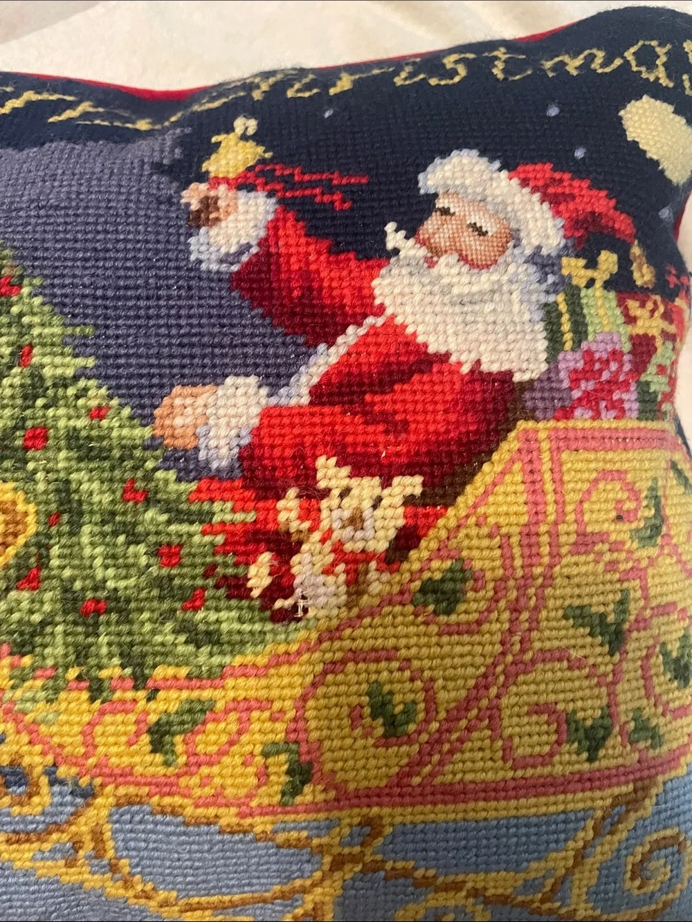 Santa Sleigh Needlepoint Holiday Throw Lumbar Pillow